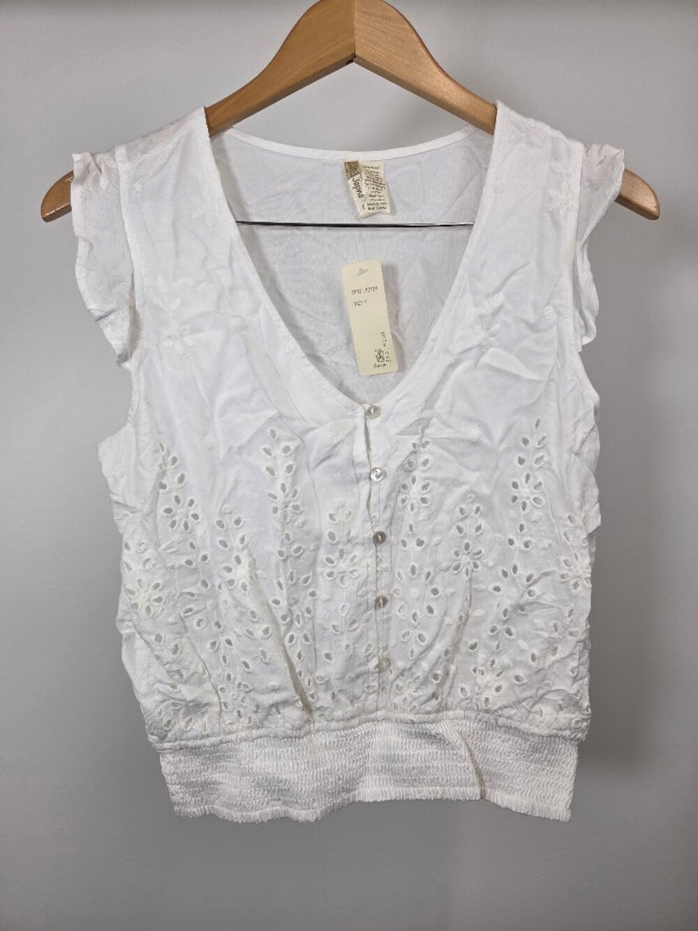 Japna White Eyelet V-Neck Button Front Tank